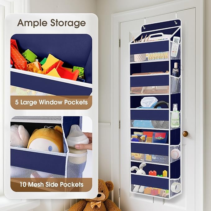 SpaceHacks 2 Pack Over The Door Organizer, Hanging Storage Organizer with Clear Window, 40lb Ultra Sturdy Large Capacity Room Organizer for Pantry Laundry Bathroom Nursery Closet (Grey)