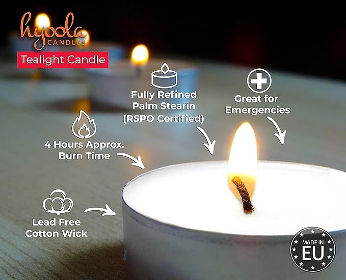 Hyoola Tea Lights Candles - 100 Bulk Candles Pack - Natural Palm Oil Tea Light - European Quality White Unscented Tealight Candles - 4 Hour Burn Time
