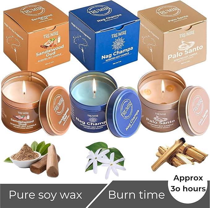 Palo Santo, Nag Champa, Sandalwood Oud - Soy Candles Non Toxic - Highly Scented Long Lasting with Essential Oils - Variety Pack of 3 x 5oz - for Home Aromatherapy Meditation Gift Travel