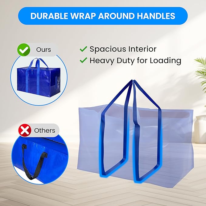 Simple Deluxe 6 Pack Extra Large Moving Bags with Lids, Reinforced Handles and Zippers, Heavy Duty Storage Tote for Moving Travel Camping Space Saving, Blue