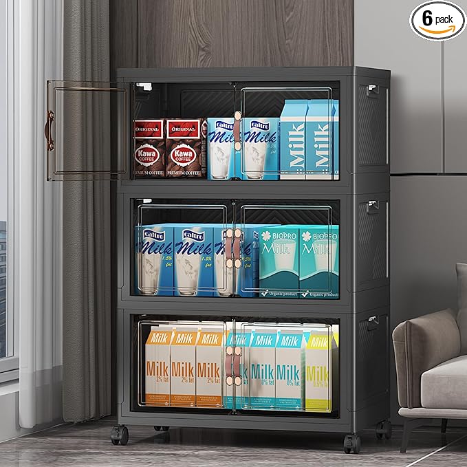 Stackable Storage Bins with Lids, Closet Organizers and Storage with Doors and Wheels, Extra Large Storage Cabinet for Bedroom Office Garage (Dark-55qt, 3Pack with 1 top lid)