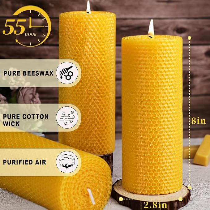 Hand-roll Large Beeswax Pillar Candles, 2pcs 2.8x8 Inch Natural Honeycomb Beeswax Candles, 100-Hour Slow Burn, Dripless & Air Purifying for Extended Serenity, Decor & Gifts (2 Pack)