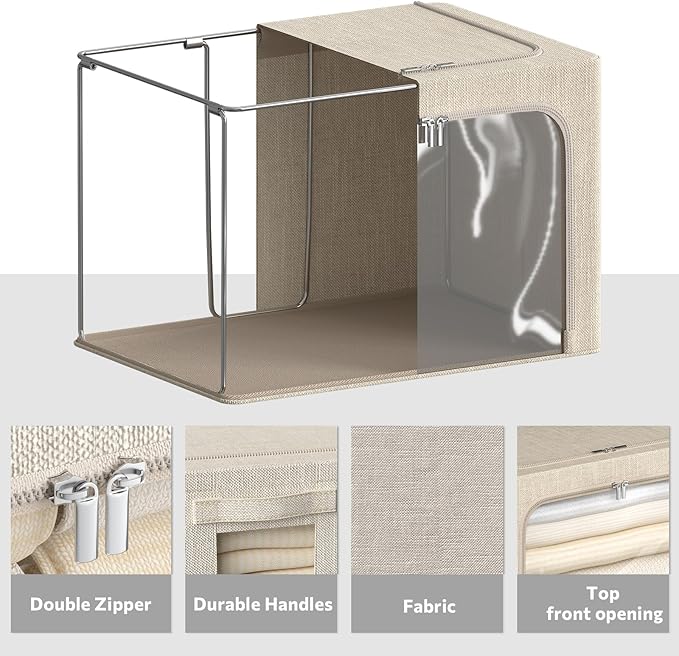 CYhom 4 Pack Clothes Storage Bins with Metal Frame - Linen Fabric Foldable Stackable Container Organizer Set with Clear Window & Carry Handles & Zippers (Beige, 15.7"x11.8"x7.8")
