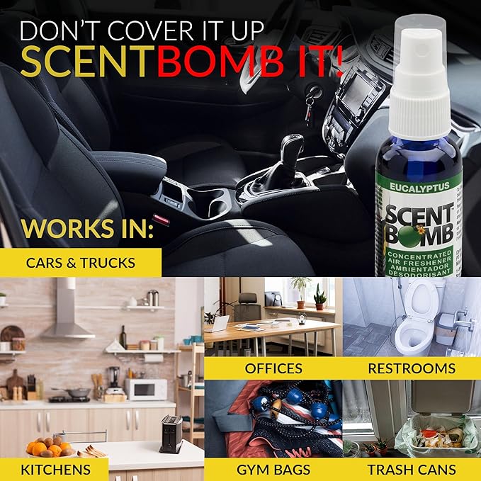 Scent Bomb Air Freshener Spray, Long-Lasting Odor Eliminator - Effective Deodorizer for Home & Car, Fresh Room Spray for Kitchen, Bathroom & Smell Neutralizer - 1 oz Pack of 4, Eucalyptus Scent