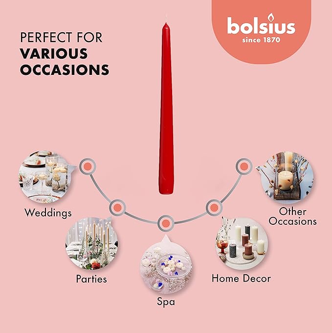 BOLSIUS 60 Count Unscented 10 Inch Red Household Taper Candles - 8 Hours Burn Time - Premium European Quality - Smokeless Dripless Taper Candlestick - Great for Special Occasion, Church, and Everyday