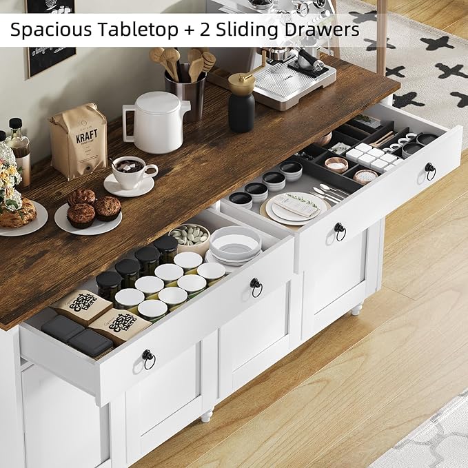 4 EVER WINNER Buffet Cabinet with Storage, 55'' Large Farmhouse Storage Cabinet with 2 Drawers and 4 Doors, Coffee Bar Cabinet with Adjustable Shelves for Kitchen, Dining Room, White