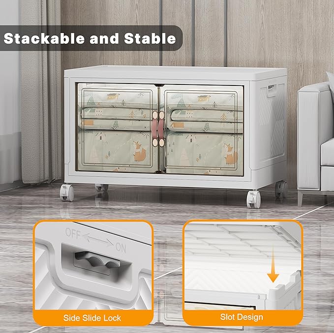 UAMFURI Stackable Storage Bins with Lids & Wheels & Door, Foldable Collapsible Closet Organizers, Extra Large Plastic Storage Drawers for Bedroom Dorm Office Garage (White-160QT, 1Pack with 1 top lid)
