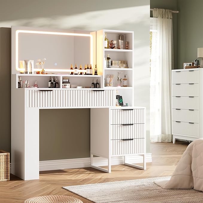 HAIOOU Fluted Vanity Desk with Mirror and Lights,48" Large Makeup Vanity Desk with Charging Station,Dressing Table with 4 Drawers & 3 Open Storage Shelves, Glass Top for Bedroom,White