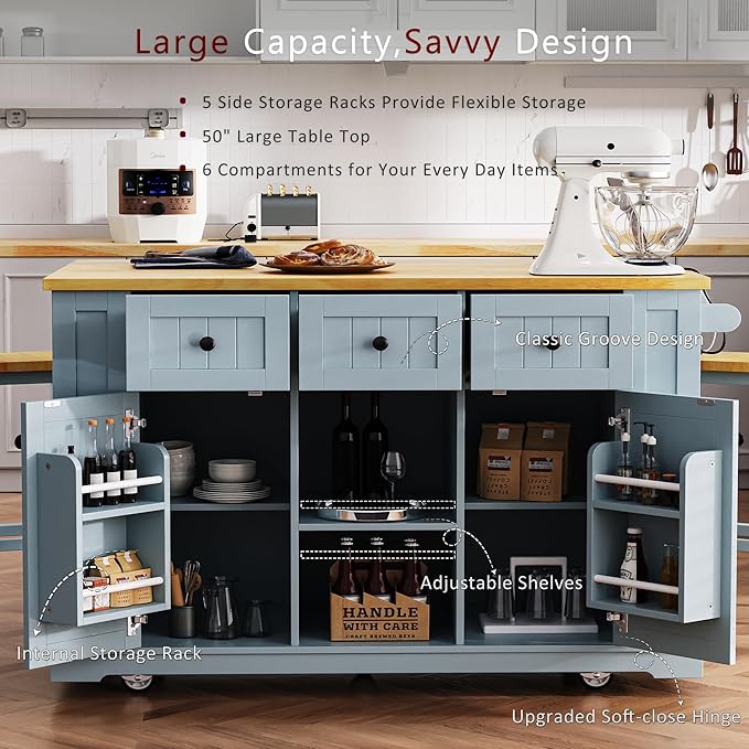 Amposei Kitchen Storage Island on Wheels with 2 Bar Stools, Rolling Drop Leaf Kitchen Island Cart with Power Outlet, Open Side Racks, Door Shelves and Towel Bar, 53-Inch, Grey Blule