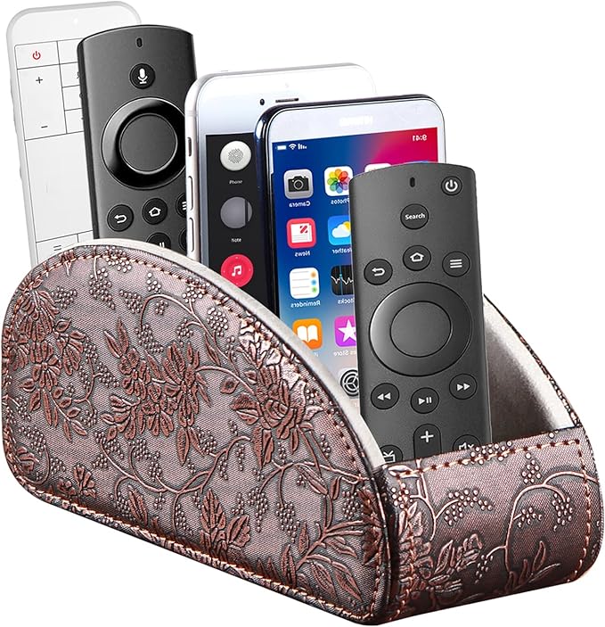 TV Remote Control Holder with 5 Compartments,Pu Leather Remote Caddy/Box/Tray Nightstand Desktop Storage Organizer Store DVD,Blu-Ray,Media Player,Heater Controllers, Makeup Office Supplies
