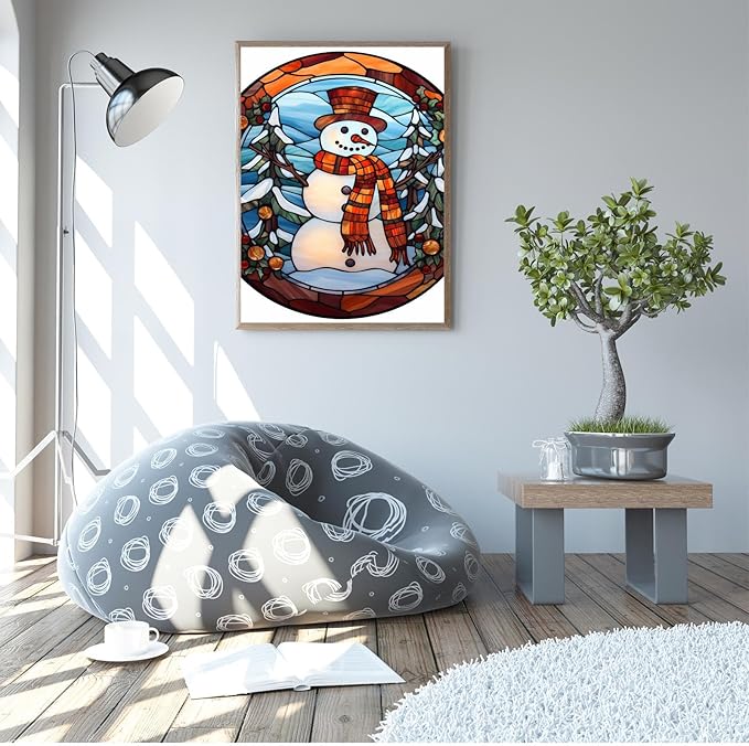 GUAIEUW Winter Stained Glass Snowman Diamond Painting Kits 5D Full Round Diamond Painting Art, Season Theme Canvas HD Picture DIY Diamond Dot Painting, Home Wall Decor Gift 20x30 Inch
