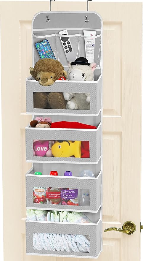 Simple Houseware 4 Clear Window Pocket Over Door Storage Hanging Organizer with 3 Clear Pockets for Bedroom, Bathroom, Pantry, Gray