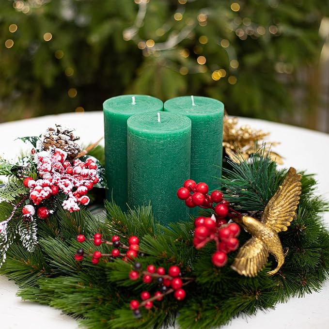 CANDWAX 3x6 Inch Green Pillar Candles Set of 3 - Large Unscented Dripless Green Candles, Rustic Decorative Style for Weddings, Special Events, Home Décor, Christmas Decorations