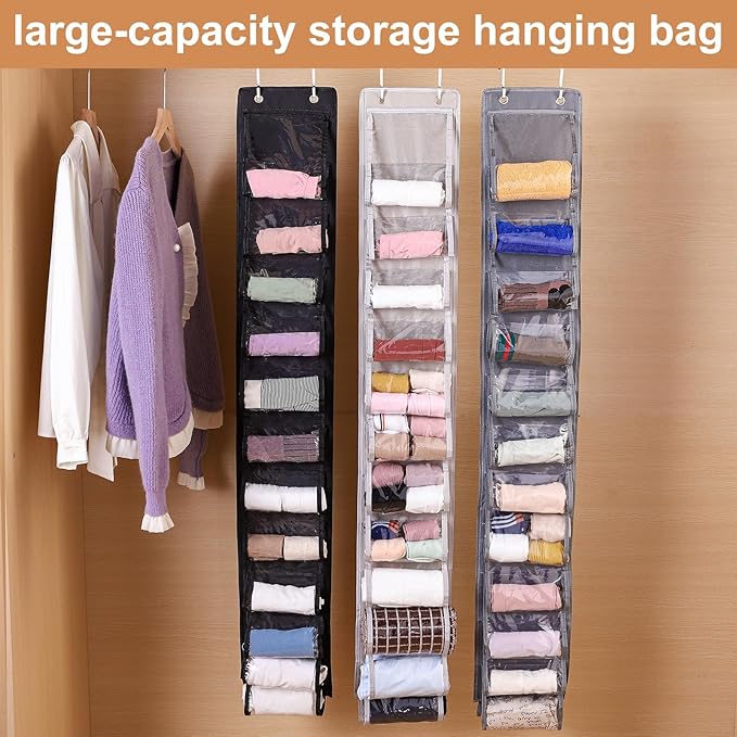 Legging Organizer for Closet Hanging 20 Pockets, Clear Hanging Legging Organizer Closet, Oxford Cloth Legging Storage for Wardrobe Behind Door(2Pack*Light Gray)