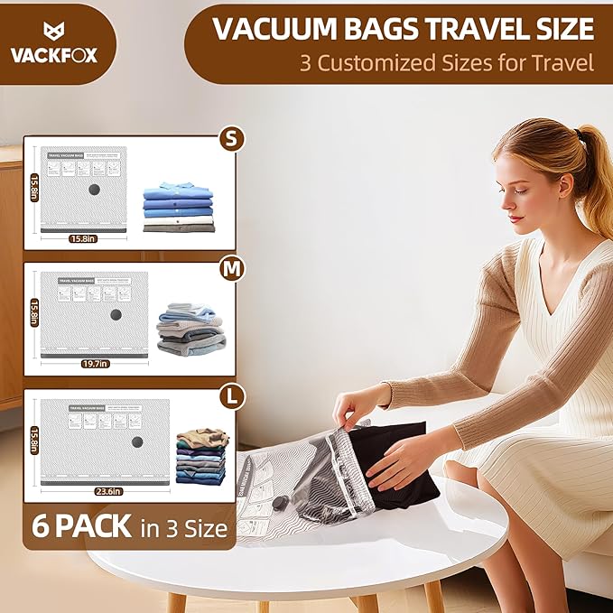 Travel Vacuum Storage Bags, 6 Pack Carry-On Size for Luggage and Suitcase, Vacuum Storage Bags, Vacuum for Bags Storage, Space Saver for Clothes & Clothing - 80% Space Saver(No pump)