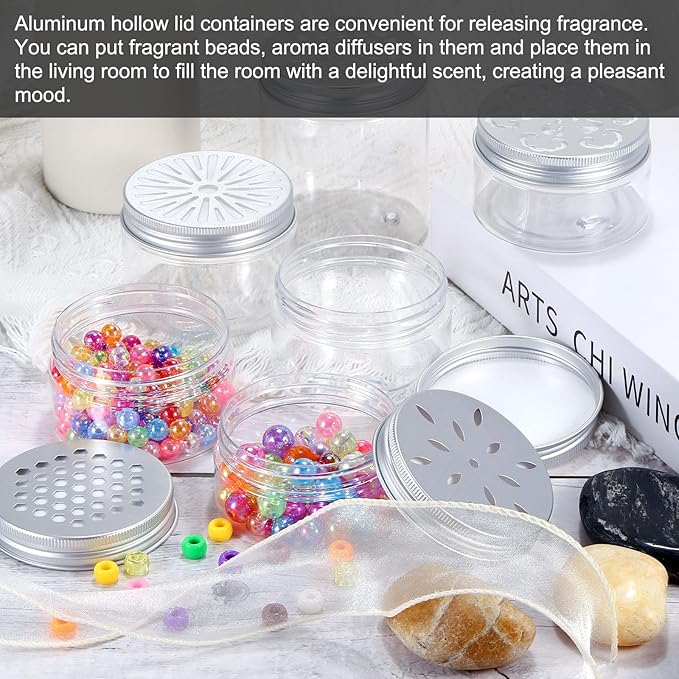 HARFINGTON 8 Pcs Empty Scent Beads Storage Container 3.4oz/100ml Air Freshener Tins Round Refillable Spice Containers Plastic Jars Sample for Air Freshener Candles Travel Storage
