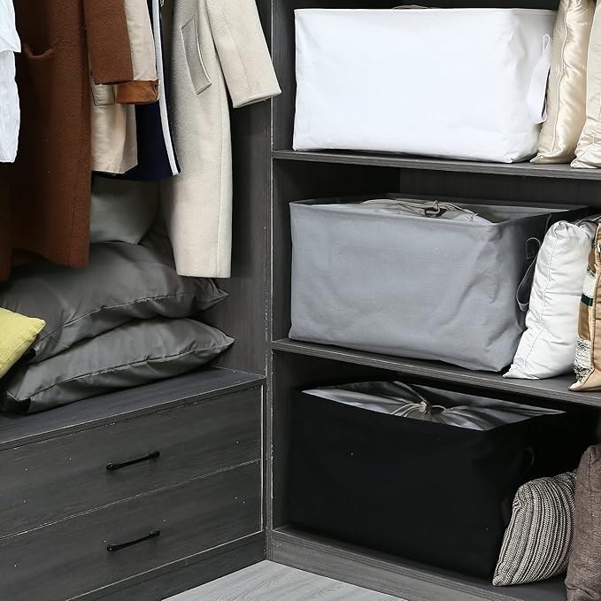 Hinwo 102L XXL Storage Bins, 4-Pack Closet Organizers and Storage, Foldable Clothes Storage Baskets with Handles, Containers for Clothing, Blanket, Comforters, Toys, Bedding (Black)