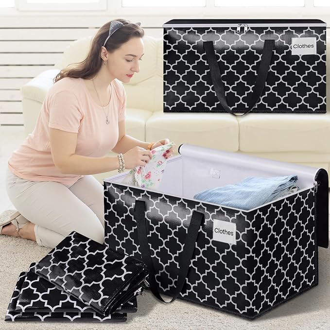 HomeHacks Heavy Duty Moving Bags with Tag Pockets, Collapsible Storage Totes for Moving, Camping & Travel -Foldable Packing Boxes, Zipper Handles, Black（2 Packs, 125L）