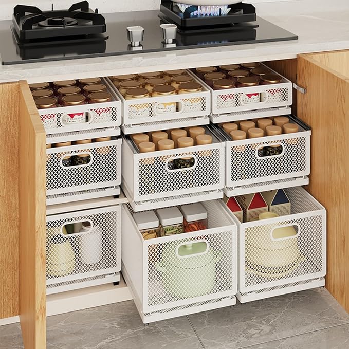 Pull Out Cabinet Organizer, Slide Out Drawers Fixed with Adhesive Nano Film, Pantry Shelves Sliding Drawer Storage Organization for Kitchen/Bathroom/Bedroom (15.7*9.4*8.3inch/40*24*21.2cm)
