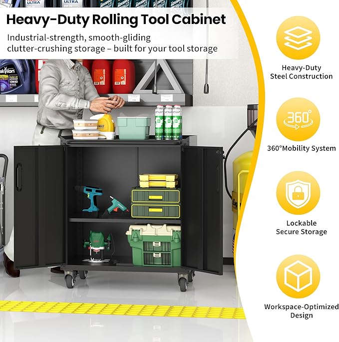 Garage Storage Cabinets with Wheels, Locking Metal Storage Cabinets with Doors and Adjustable Shelves, Easy Assembly Tool Cabinet for Garage,Basement,Warehouse