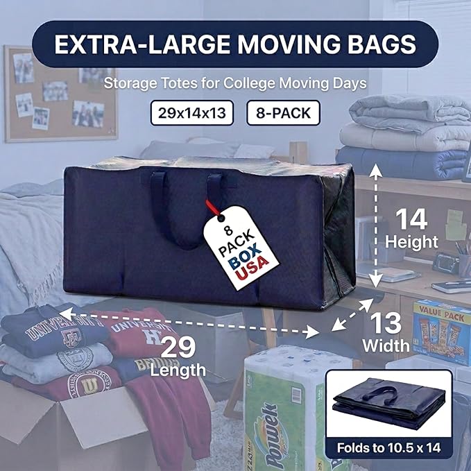 BOX USA 8-Pack Moving Bags with Strong Handles & Zippers - Heavy Duty Extra Large Packing Bags for Storage, Moving Boxes, Dorm & College Supplies, Blue
