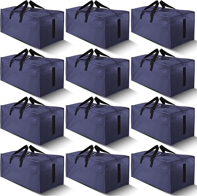 HOMESURE 12 Pack Large Strong Moving Bags with Zippers & Carrying Handles - Water-Resistant - Heavy Duty Storage Tote for Space Saving, Fold Flat, Alternative to Moving Box (Blue)