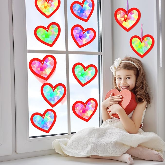 Qyeahkj 36 Set Valentine's Day Suncatchers Craft for Kids DIY Heart Window Tissue Paper Crafts Kit Red Heart Hanging Decor for Valentine School School Home Activity Art Project Party Favor Gift