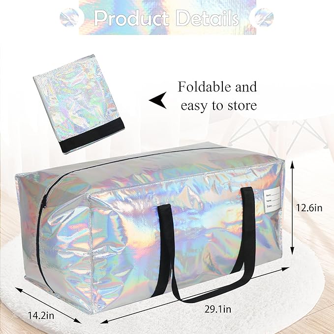 JCBZAMZ 6 Pack Heavy Duty Moving Bags Extra Large Waterproof Foldable Clothing Storage Totes Bags with Zipper,Reinforced Handles,Packing Moving Boxes for Dorm & Seasonal Storage,Iridescent