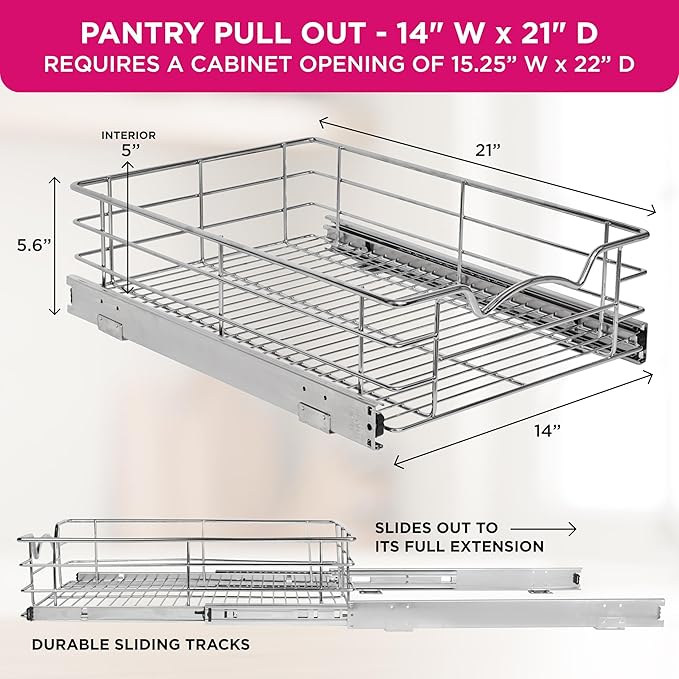 HOLDN’ STORAGE Pull Out Cabinet Organizer, Slide Out Drawer for Kitchen Cabinets & Pantry, Roll Out Shelf for Pots, Pans & Under Sink Storage, Heavy-Duty Full-Extension, 14"W x 21"D x 5"H
