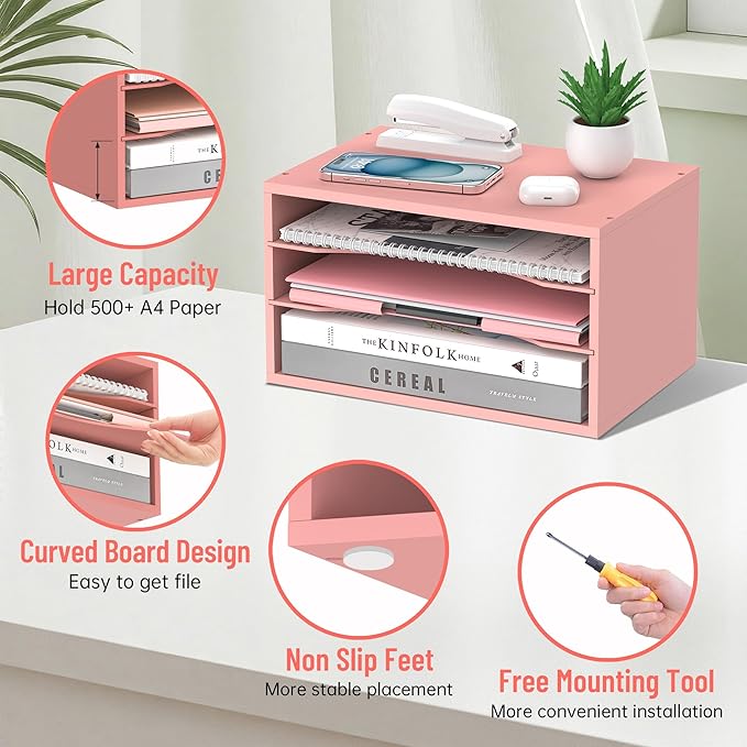 Wood Desk Organizer, 3 Tier Paper Tray Organizer for Desk with Adjustable Storage Shelves, Desktop File Organization Paper Sorter Mail Holder for Office Home Classroom, Pink