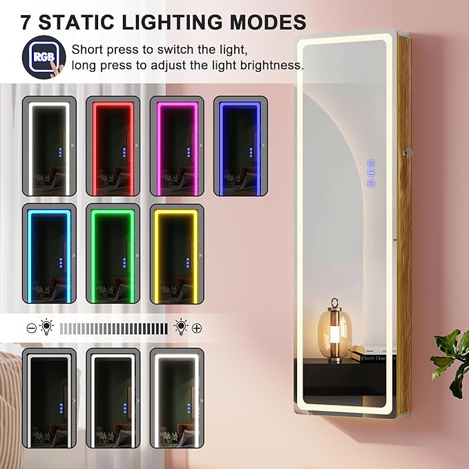 Lvifur LED Mirror Jewelry Cabinet - with RGB lights,Lockable Wall/Door Mounted Full Length Mirror with Storage,Hanging Jewelry Organizer-2 Drawers,Foldable Shelf,Built-in Lighted Mirror(Wood)