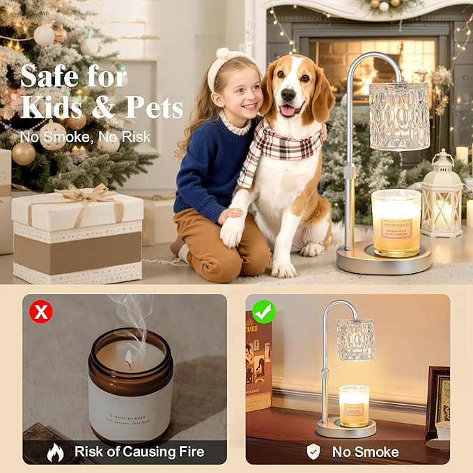 Dreamholder Electric Candle Warmer Lamp with Timer & Dimmer, Adjustable Height Wax Melt Warmer for Jar Candles, Wood Base Candle Melter, Floral Home Decor Gifts for Women, Mom, Silver Glass