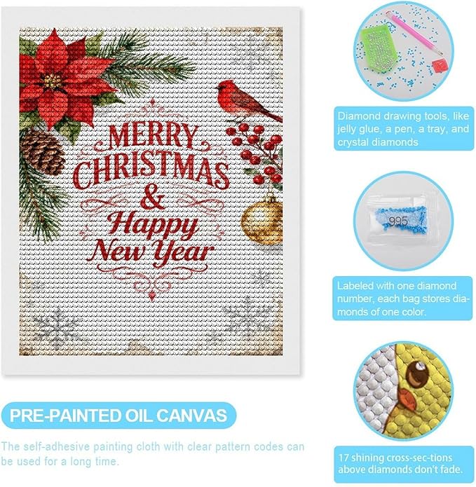 AIVKIEJK Diamond Painting Kits for Adults - Merry Christmas & Happy New Year Painting DIY 5D Full Drill Diamond Dots Paintings with Diamonds Gem Art and Crafts Home Decor 16"x20"