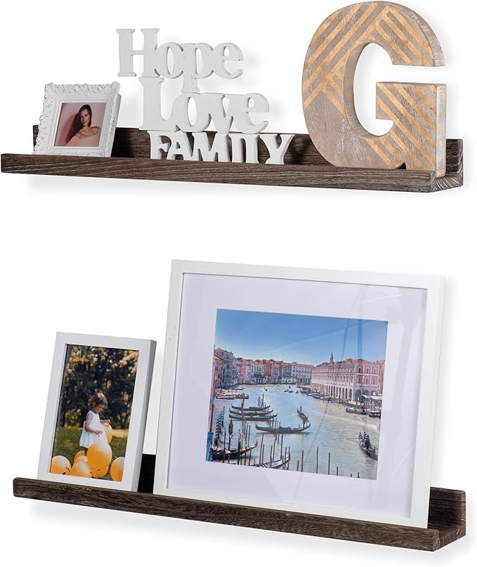 Rustic State Ted 24" Wall Mount Narrow Picture Ledge Photo Frame Display - Wooden Floating Shelves for Living Room Office Kitchen Bedroom Bathroom Décor - Distressed Brown - Set of 2