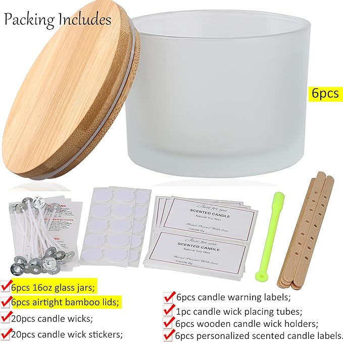 MILIVIXAY 6 Pack 16 oz Candle Jars with Bamboo Lids and Candle Making Kits - 3 Wick Candle Jar,Bulk Empty Frosted White Thick Glass Jars for Making Large Candles- Spice, Powder Containers.