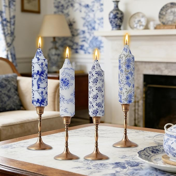 5 Inch Blue and White Short Taper Candles Hand Poured Smokeless Unscented Porcelain Style Chinoiserie Floral Candles for Wedding Nautical Dinner Home Decor Housewarming Gift Mother's Day Meditation
