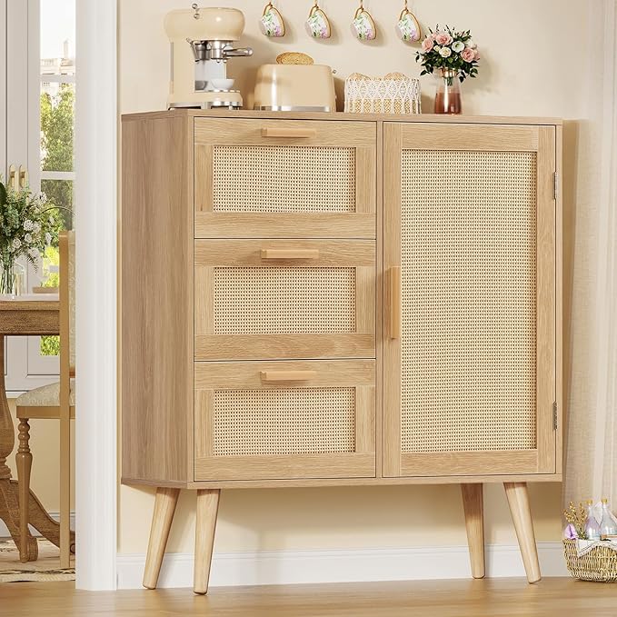 TEENFON Storage Cabinet with Rattan Door & 3 Drawers, Rattan Cabinet with Adjustable Shelf, Sideboard Buffet Cabinets with Storage, Entryway Cabinets, for Living Room, Dining Room, Entryway, Natural