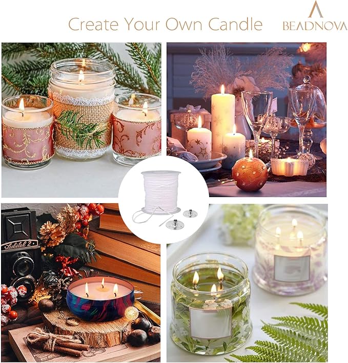 BEADNOVA Braided Candle Wick Spool with Base Set 200 ft Cotton Candle String Roll and 300pcs Wick Clips Sustainer Tabs for Making DIY