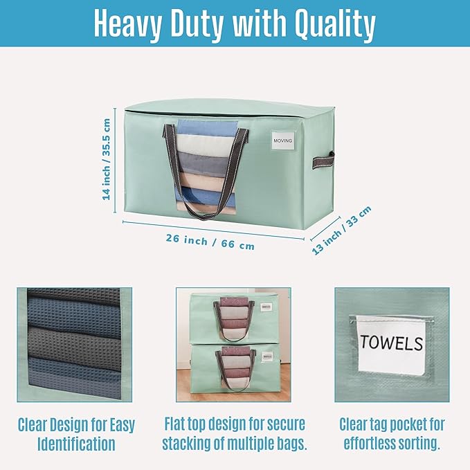 VENO 10 Pack Heavy Duty Moving Bags, Clothes and Comforter Storage Bags with Clear Window, College Dorm Essentials Packing Supplies, Foldable Boxes Alternative (Light Green Matte, 10 Pack)