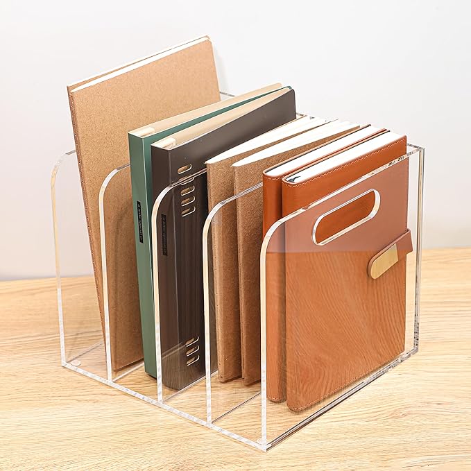 4 Vertical Compartments Clear Acrylic Magazine & File Holder – Multipurpose Desk Organizer for Office, Tablets, Magazines, Books – Documents/Home/Classroom Rack