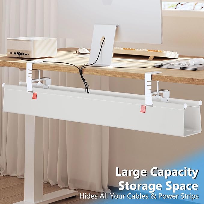 Litwaro Under Desk Cable Management Tray No Drill, 40.6" Cord Organizer with Clamp for Standing Desk, Premium Fabric Cable Tray with Wire Management for Office Home, White