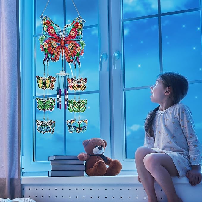 Butterfly Gem Art Wind Chime 5D DIY Kits Butterfly Diamond Art Painting Wind Chimes Hanging Ornaments Double Sided Special Shaped Crystal by Number Mosaic Wind Chime Pendant for Yard Tree Patio Decor