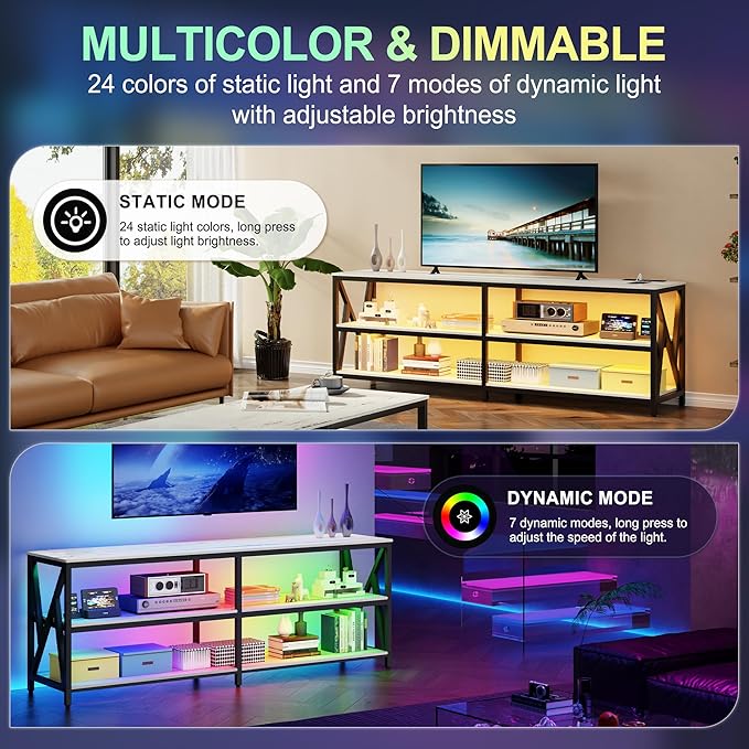 Lvifur 83“ LED TV Stand for 85 75 65 inch TV, Auto Sensor Entertainment Center with RGB Dimmable Lights, TV Console Table with Open Storage Shelves and Metal Frame (White)