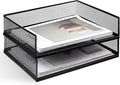 2 Pack Stackable Letter Tray, Wire Mesh Desk File Organizer Metal Desktop Paper Sorter Desk Tray Document Magazine Storage Basket for Home Office Supplies - Transverse Load, Black