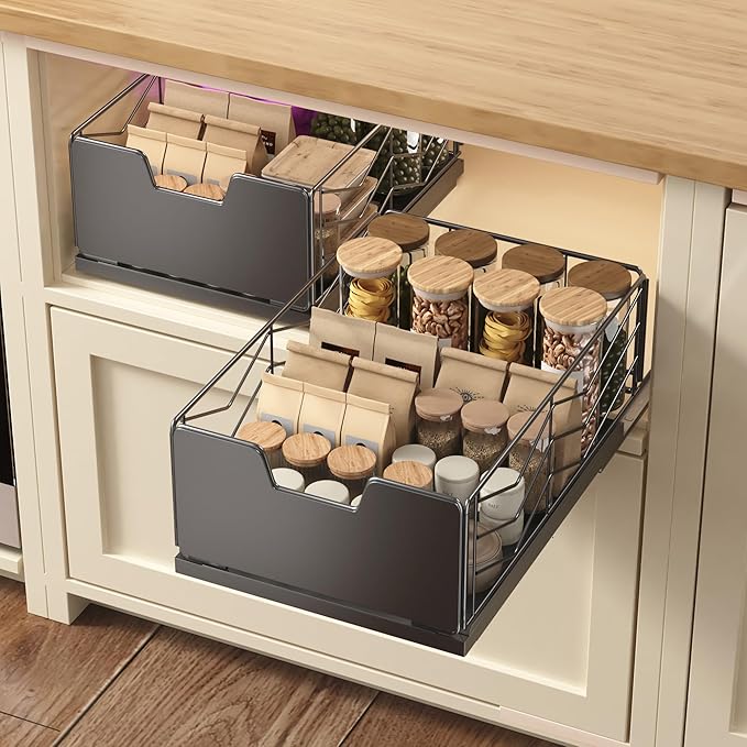 NETEL Pull Out Cabinet Organizer, 2 Pack No Drill Slide Out Drawers for Kitchen Cabinets, Metal Pantry Pull Out Shelves, Kitchen Cabinet Organizer, Pull Out Home Organizers, 11.8" W X 15.7" D X 6.9" H
