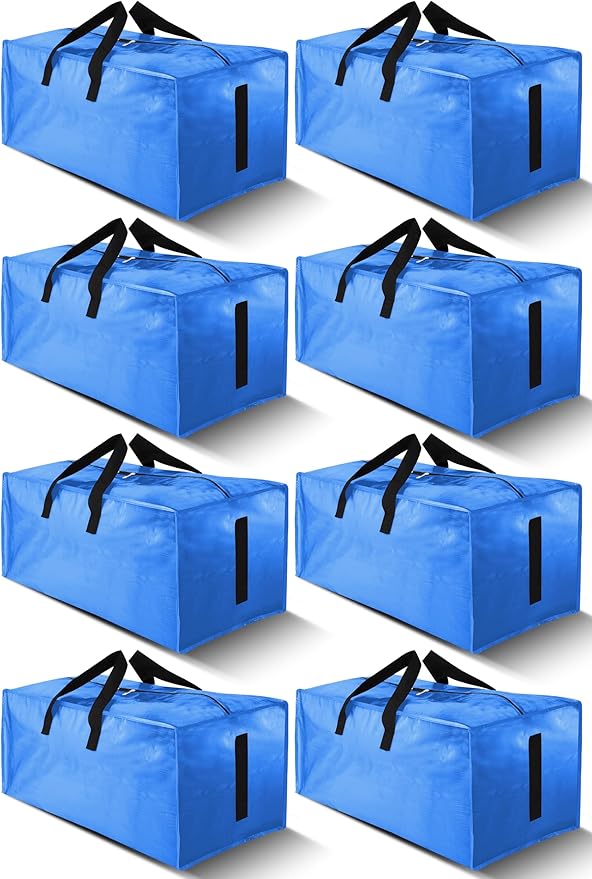 HOMESURE 8 Pack Large Strong Moving Bags with Zippers & Carrying Handles - Water-Resistant - Heavy Duty Storage Tote for Space Saving, Fold Flat, Alternative to Moving Box (Sky Blue)
