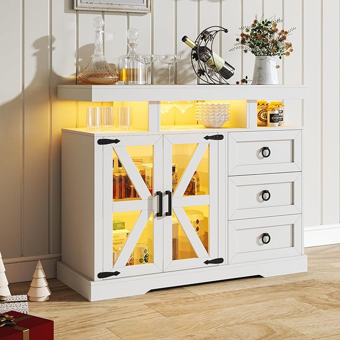 Lvifur LED Farmhouse Sideboard Buffet Cabinet with Storage, Wood Coffee Bar Station Table w/Charging Station, Large Kitchen Storage Cabinet w/Adjustable Shelf and 3 Drawers for Dining Room (White)