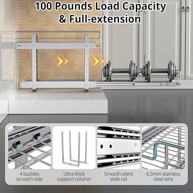 ZOINLIY Pull Out Cabinet Organizer, Versatile Slide Out Kitchen Organizers and Storage,Heavy Duty Drawer Cupboard Storage Basket, Smooth Sliding, Chrome Finish (2-Tiers-17¾''W×22“D)