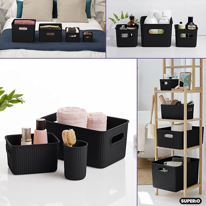 Superio Ribbed Collection - Decorative Plastic Basket Open Home Storage Bins Organizer, Small Brown (1 Pack) Container Boxes for Organizing Closet Storage Bins for Shelves Drawer Shelf 1.5 Liter