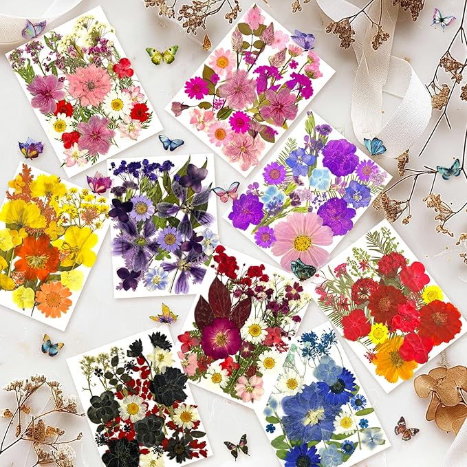 303Pcs Dried Pressed Flowers for Crafts, Dried Pressed Flowers for Resin, Natural Dried Flowers Kit with 80pcs Butterfly Stickers for DIY Resin Molds, Candles, Photo Frames, Jewelry Making, Art Crafts